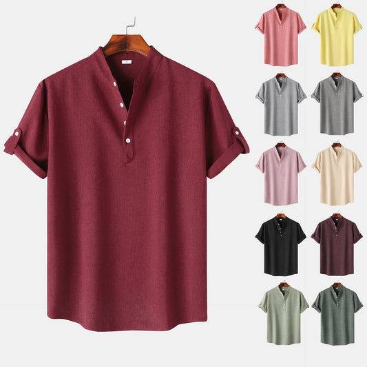 Men's Solid Color Stand Collar Short Sleeve Shirt